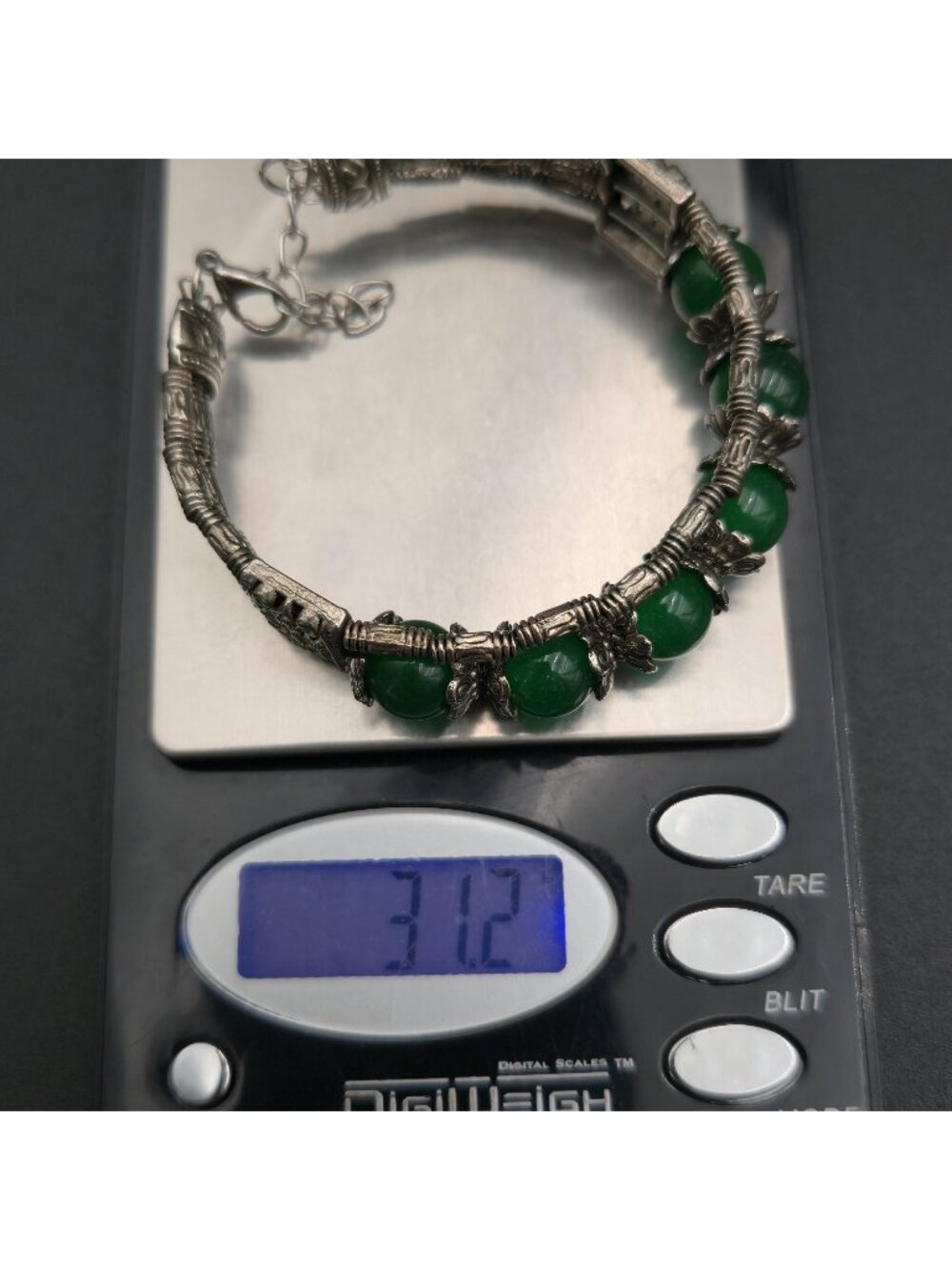 7 Inch Vintage Green Jade Bead Filigree Multi-Strand Cuff Bracelet B1530 - Picture 6 of 6